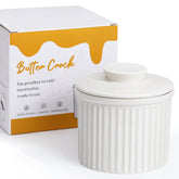 Cooyes large butter crock with water line on counter preserves freshness and keeps butter ready to spread.
