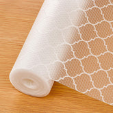 Cooyes shelf liner with modern pattern protects shelves from moisture and stains.