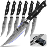 CoquusAid steak knife set with a full-tang Damascus-pattern blade for precise cuts.
