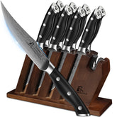 CoquusAid steak knives in a stylish block design for organized, accessible storage.