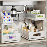 Corbyles under sink organizer ball-bearing slides enable smooth, quiet access to heavy bottles.