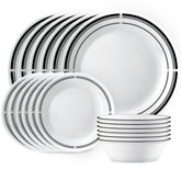 Corelle Brasserie dinner plates with black rim, durable for everyday meals.