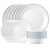 Corelle Caspian dinner plates with white surface and navy trim, ideal for daily meals.