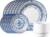 Corelle Portofino dinner plate close-up with blue tile motif, ideal for everyday dining.