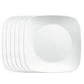 Corelle square Pure White 9-inch plates shown for everyday meals, lightweight and stackable.