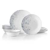 Corelle Vitrelle Indigo Speckle dinner plates show durable, chip-resistant performance.