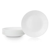 Corelle Vitrelle 8-piece salad plates in Winter Frost White, front view showcasing durable dinnerware.