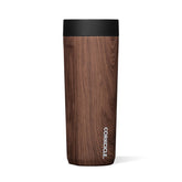 Corkcicle Commuter Cup Walnut World close-up, glossy finish, keeps drinks cold or hot on the move