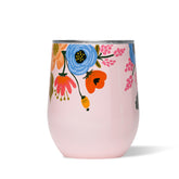 Corkcicle stemless tumbler close-up shows blush lively floral design for stylish hydration on the go.