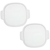 Corningware stovetop lid on square white container ensures airtight seal for leftovers.