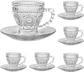Cosnou vintage glass tea cups with saucers, 7 oz set for elegant coffee moments.