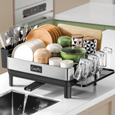 CosyPic dish drying rack top view highlighting premium stainless steel durability.