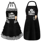 Cotwinter King and Queen aprons set in black for coordinated couple cooking.