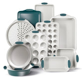Country Kitchen Sage nonstick stackable bakeware set enables space-saving storage and easy release.