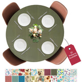 Covers For The Home basketweave green table cover on table with snug elastic fit for protection.