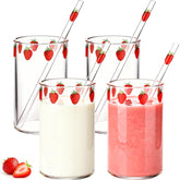 Covzoe strawberry glass cups 4-pack with straws, stylish for daily beverages.
