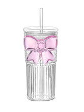 Cozifycasa glass cup with pink bow lid for iced coffee, durable high borosilicate.