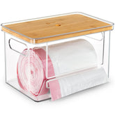 COZYCRAZE trash bag dispenser with wooden top for quick access and tidy storage.
