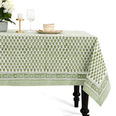 CPC Cotton Print Club emerald green tablecloth with block print pattern for elegant dining