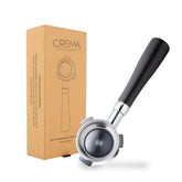 Crema 54mm bottomless naked portafilter shown during shot flow for real time diagnosis