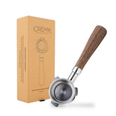 Crema Coffee 54mm Bottomless Naked Portafilter with walnut finish enables real-time extraction visualization.