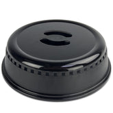 Crisp black microwave splatter cover on plate keeps food tidy and contained