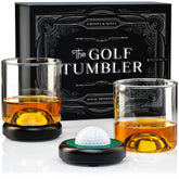 CRYSTA & MÅTT golf whiskey glass base with embedded golf ball for premium feel.