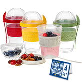 Crystalia 4-pack yogurt cups with lids and spoons for mess-free on-the-go meals.