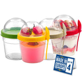 Crystalia yogurt parfait cups with lids and spoon for grab-and-go breakfasts.
