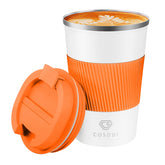 CS COSDDI 12oz tumbler with orange lid, easy to grab for hot coffee on the go.