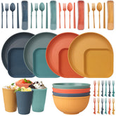 CSYY 48-piece unbreakable dinnerware set with plates and bowls for camping and travel.
