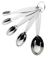 Cuisipro stainless steel measuring spoons with oval design fit into tight spice jars.