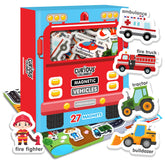 Curious Columbus vehicles magnets on fridge support early learning and pretend play.