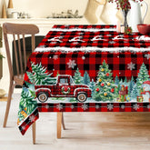 Cusugbaso red buffalo plaid tablecloth on dining table, durable polyester for family meals.