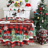 Cusugbaso round Christmas tablecloth 70 inches with red truck design for festive dining.