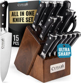 Cutluxe 15-piece knife set in walnut block for organized kitchen prep