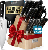Cutluxe 15-piece knife set displayed in rubberwood block for ready everyday prep.