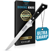 Cutluxe 6-inch boning knife edge for precise filleting and trimming.