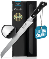 Cutluxe Bread Knife blade close-up shows razor-sharp serrations for precise crust cutting.