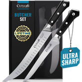 Cutluxe cimeter-breaking knife, 10in blade delivering precise cuts for meat prep.