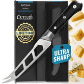 Cutluxe cheese knife 5 inch slicer with pronged tip for clean cuts.