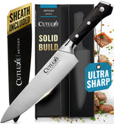 Cutluxe chef knife 8-inch blade close-up for precise slicing.