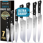 Cutluxe 8-inch chef knife blade close-up shows razor-sharp precision for daily slicing.