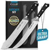 Cutluxe cimeter breaking knife blade close-up for precise meat cutting.