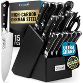 Cutluxe 15-piece knife set in block closeup, ergonomic handles visible