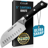 Cutluxe Santoku Knife blade close-up shows razor-sharp edge for precise slicing