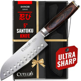 Cutluxe Shinobi 5 inch Santoku blade close-up, razor sharp for precise chopping