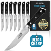 Cutluxe steak knives set 8 with full tang ergonomic handle for secure grip during slicing.