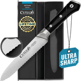 Cutluxe 5 inch utility knife with serrated edge for tomatoes and crusty bread.