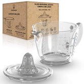 CuttleLab Glass 2-Cup Juicer in clear view with precise measurements shown